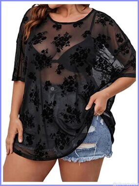 Plus Size Sequin Mesh Half Sleeve Round Neck Drop Shoulder Concert Top